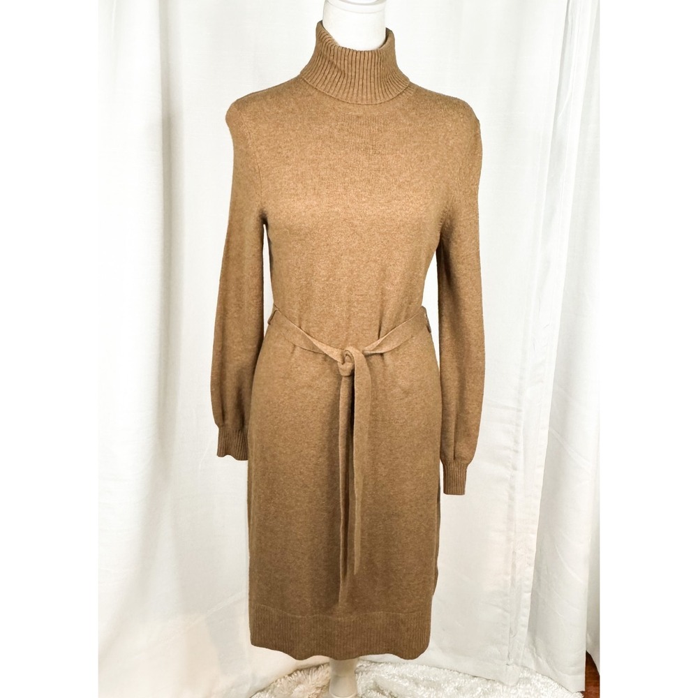 L.L.Bean Sweater Dress M Camel Lambswool Cashmere Angora Turtleneck Belted EUC